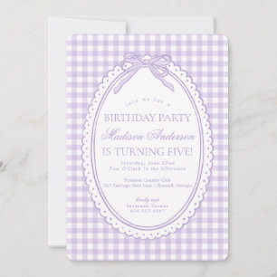 Purple Gingham Coquette Bow Birthday Party Invitation