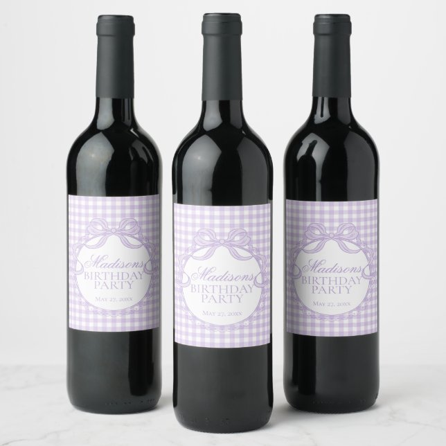 Purple Gingham Coquette Bow Birthday Party Wine Label (Bottles)