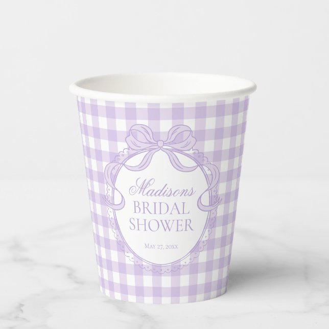 Purple Gingham Coquette Bow Bridal Shower Paper Cups (Front)