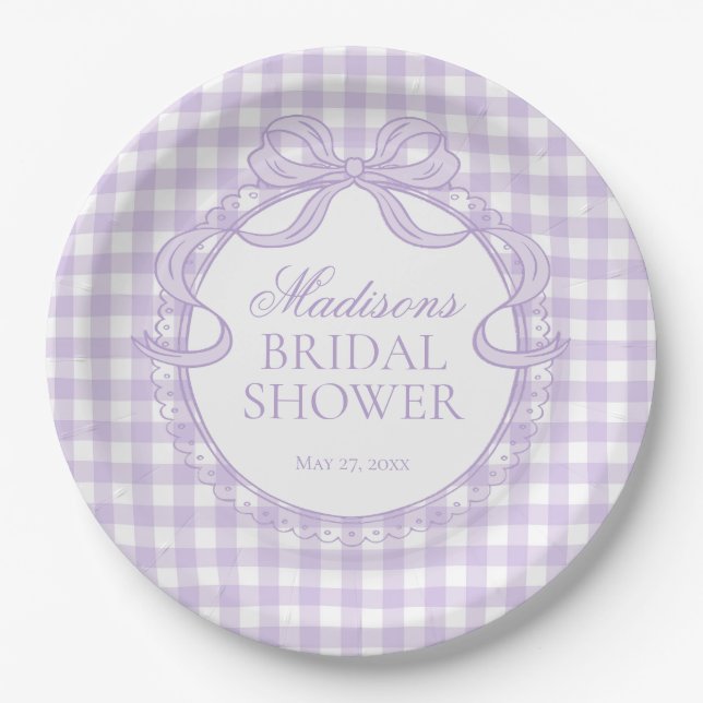 Purple Gingham Coquette Bow Bridal Shower Paper Plate (Front)