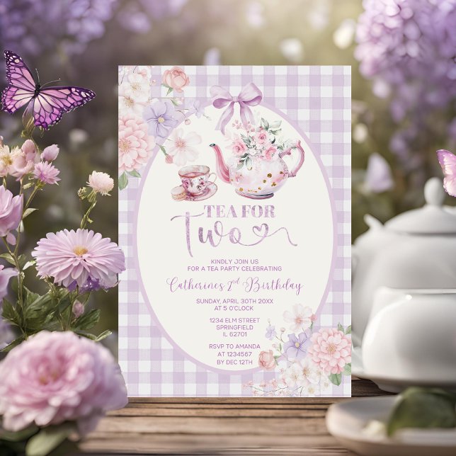 Purple Gingham Floral Tea For Two 2nd Birthday Invitation (Creator Uploaded)
