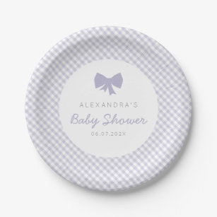Purple gingham girl bow baby shower paper plate