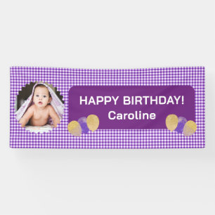 Purple Gingham Glitter Balloons Photo Birthday Banner