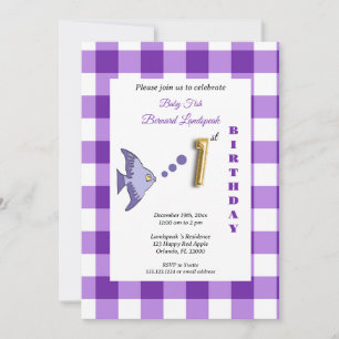 Purple Gingham Gold Foil Balloon Fish 1st Birthday Invitation