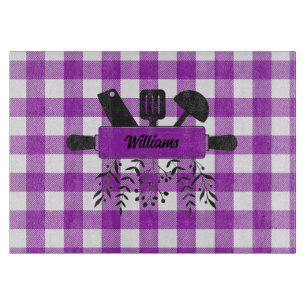 Purple Gingham Gourmet Glass Cutting Board