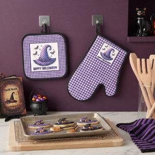 Purple Gingham Halloween Witch Hat and Bats Oven Mitt & Pot Holder Set