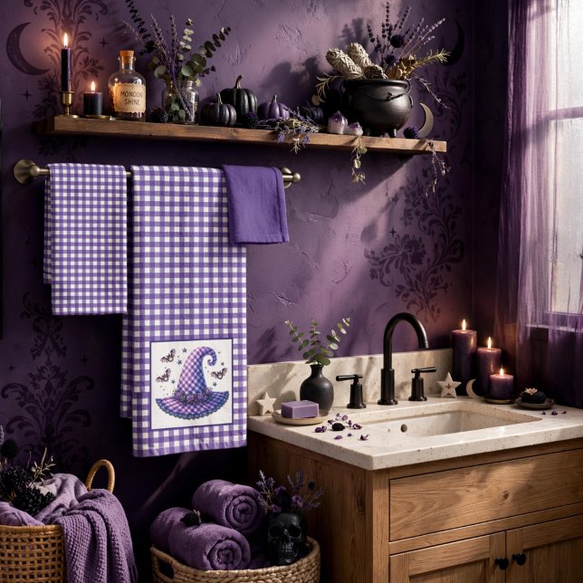 Purple Gingham Halloween Witch Hat & Bats Bath Towel Set (Creator Uploaded)