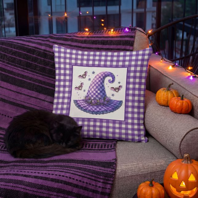 Purple Gingham Halloween Witch Hat & Bats Cushion (Creator Uploaded)