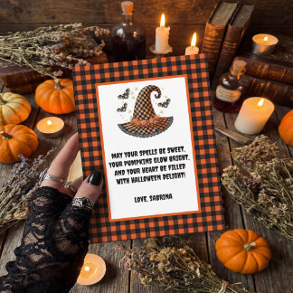 Purple Gingham Halloween Witch Hat & Bats Holiday Postcard