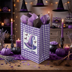 Purple Gingham Halloween Witch Hat & Bats Medium Gift Bag