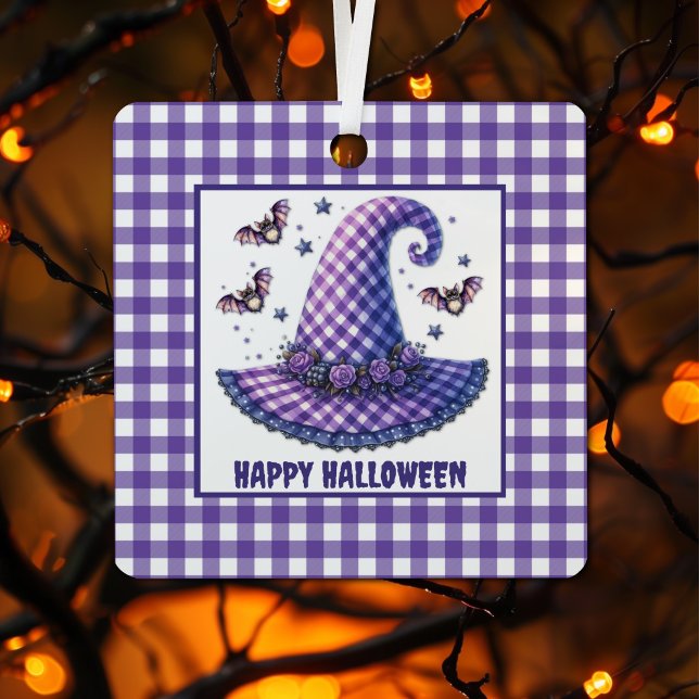 Purple Gingham Halloween Witch Hat & Bats Metal Tree Decoration (Creator Uploaded)
