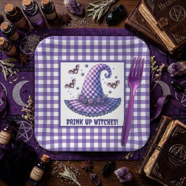 Purple Gingham Halloween Witch Hat & Bats Paper Plate (Creator Uploaded)
