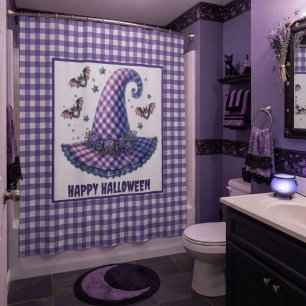 Purple Gingham Halloween Witch Hat & Bats Shower Curtain