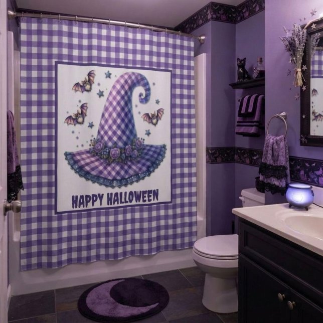 Purple Gingham Halloween Witch Hat & Bats Shower Curtain (Creator Uploaded)