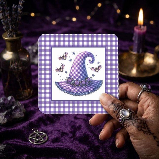 Purple Gingham Halloween Witch Hat & Bats Square Sticker (Creator Uploaded)