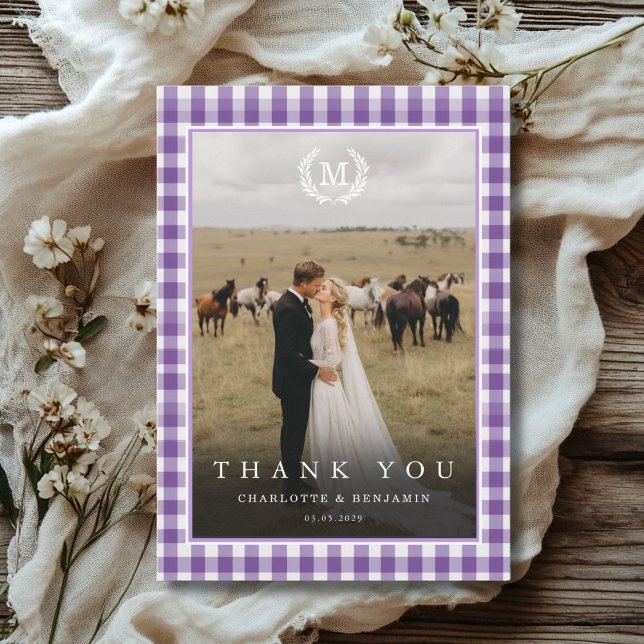 Purple Gingham Monogram Crest 2 Photo  Thank You Card (Purple Gingham Monogram Crest 2 Photo Thank You Card)