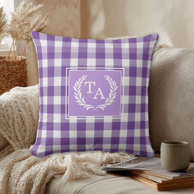 Purple Gingham Monogram Crest Cushion (Purple Gingham Monogram Crest Throw Pillow)