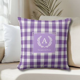 Purple Gingham Monogram Crest Cushion