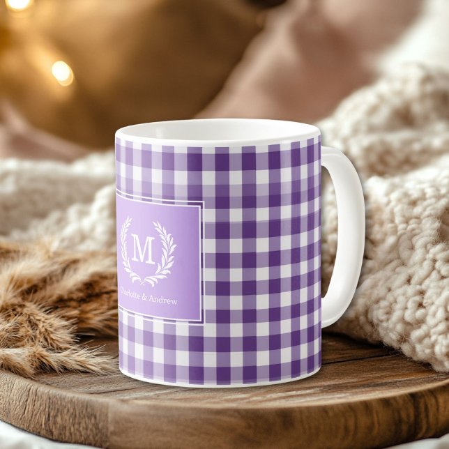 Purple Gingham Monogram Crest Custom Coffee Mug (Purple Gingham Monogram Crest Custom Coffee Mug)