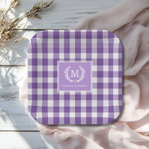 Purple Gingham Monogram Crest Custom Paper Plate