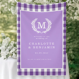 Purple Gingham Monogram Crest Wedding Welcome Banner