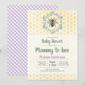 purple, gingham, mummy to bee girl baby shower invitation