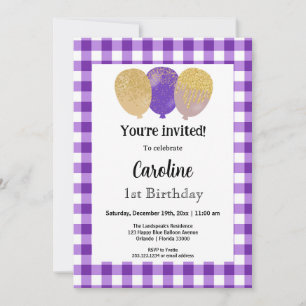 Purple Gingham, Party Balloons 1st Birthday Invitation