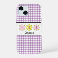 Purple Gingham Plaid Floral Monogram