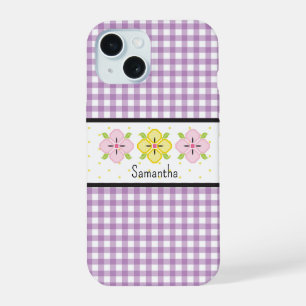 Purple Gingham Plaid Floral Monogram iPhone 15 Case