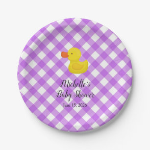 Purple Gingham Rubber Duckie Baby Shower Paper Plate