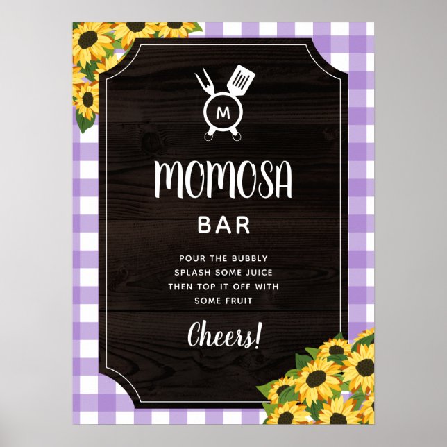 Purple Gingham Sunflowers Monogram Momosa Bar Poster (Front)