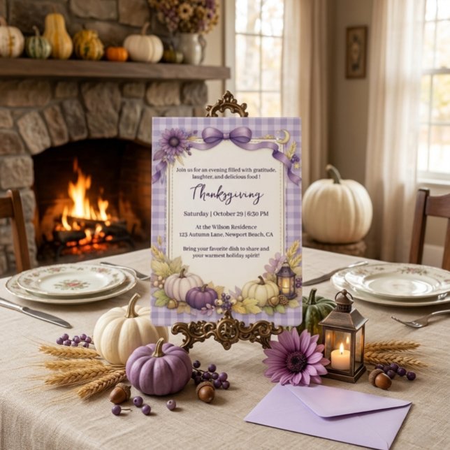 Purple Gingham Thanksgiving Invitation Card (Creator Uploaded)