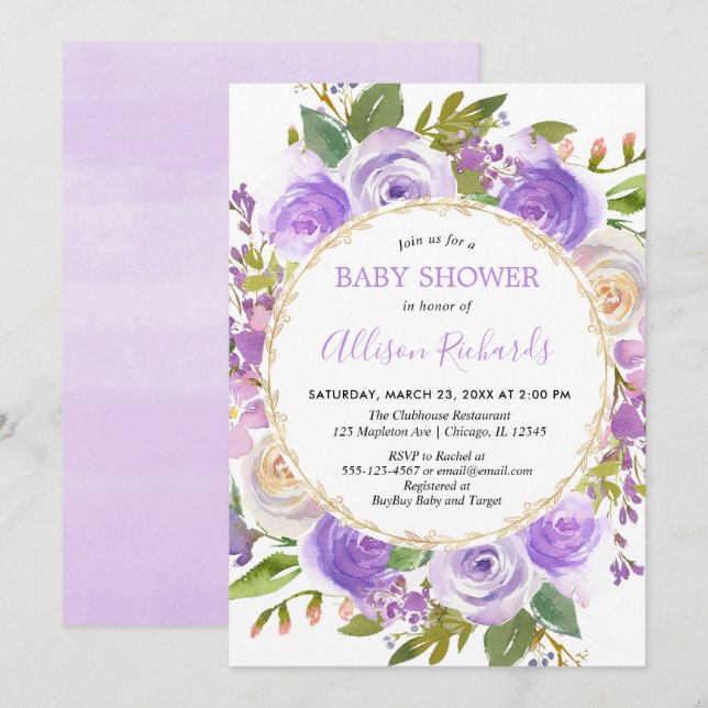 Purple girl baby shower, floral lavender lilac invitation (Front/Back)