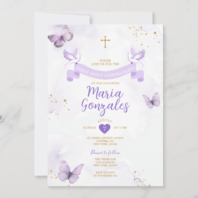 Purple Girl First Holy Communion Cross Butterfly Invitation (Front)