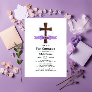 Purple Girl First Holy Communion Invitation