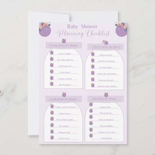 Purple Girl Flower Baby Shower Checklist Invitation (Front)
