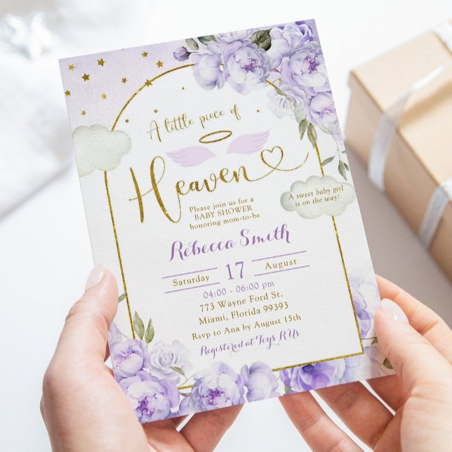 Purple Girl Little Piece of Heaven Baby Shower Invitation (Creator Uploaded)