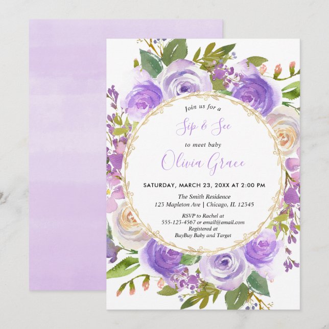 Purple girl Sip and See, floral lavender lilac Invitation (Front/Back)