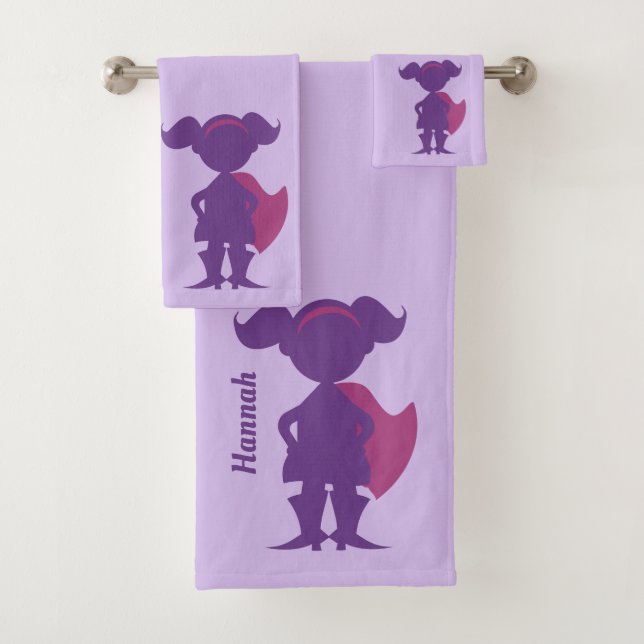 Purple Girl Superhero Silhouette Personalised Kids Bath Towel Set (Insitu)
