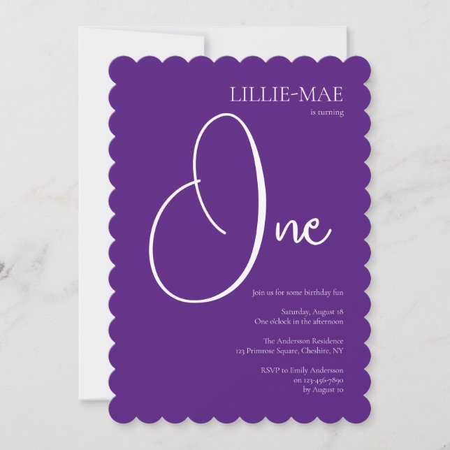 Purple Girl's 1st Birthday Party Invitation (Front)