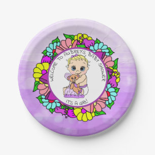Purple Girl's Baby Shower, Baby with Teddy Bear Paper Plate