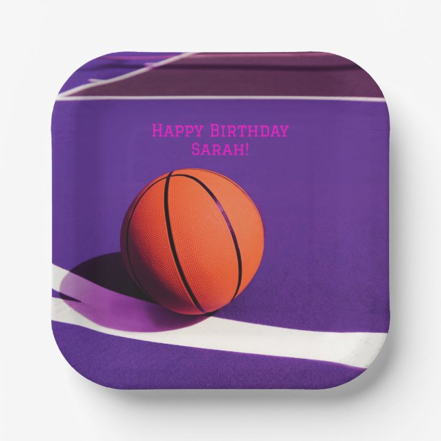 Purple Girls Birthday Party Basketball  Paper Plate (Front)