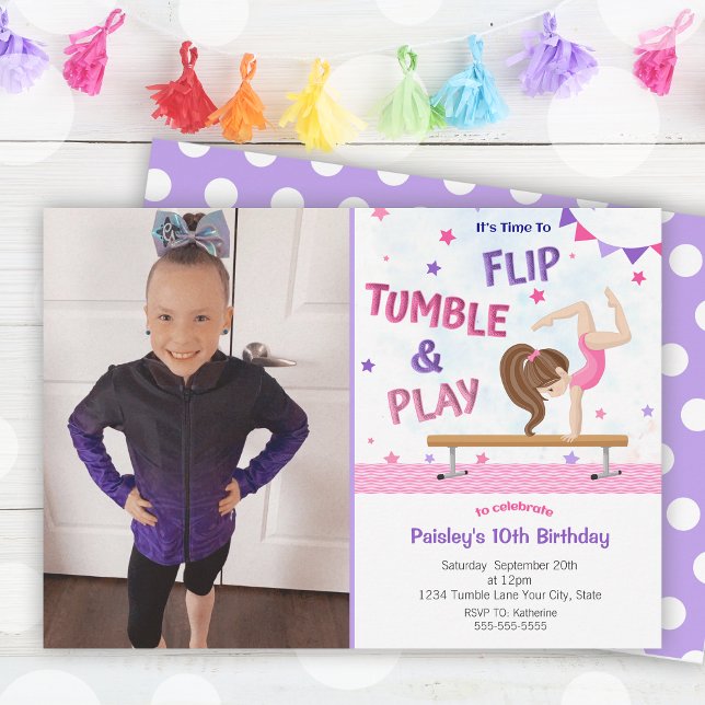 Purple Girls Gymnastics Photo Birthday Party Invitation (Purple Girls Gymnastics Photo Birthday Party Invitation)