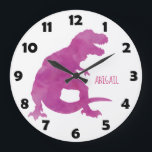 Purple Girls Watercolor Dinosaur Personalised Kids Large Clock<br><div class="desc">Purple Girls  Watercolor Dinosaur Personalised Kids Clock. Edit to change background colour. Cute purple dinosaur silhouette on white background. Large numbers to help tell time. www.SamAnnDesigns.com</div>
