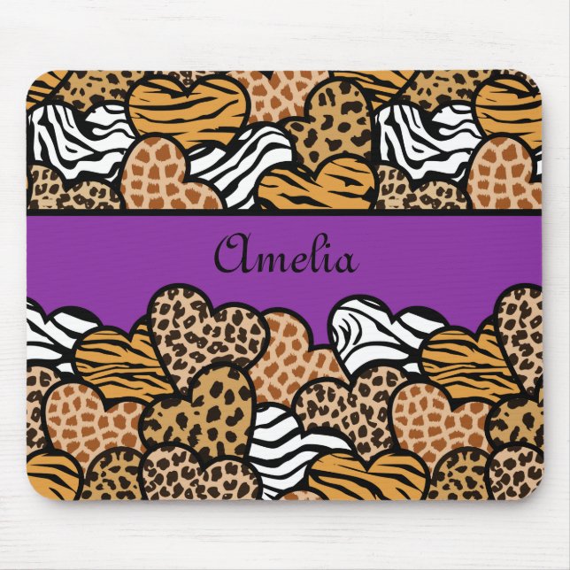 Purple Girly animal print hearts with a name Mouse Pad (Front)