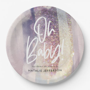 Purple girly giltter baby shower party paper plate