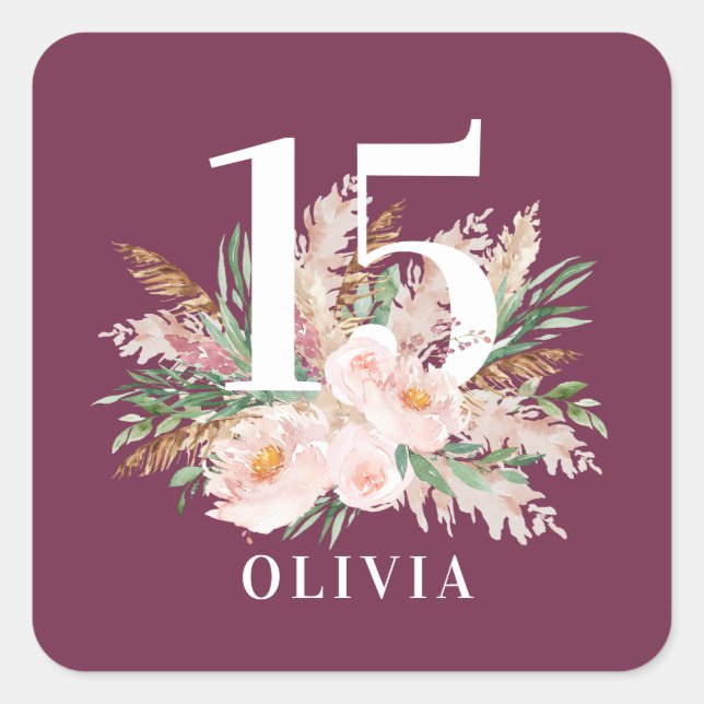 Purple girly watercolor floral elegant birthday square sticker (Front)