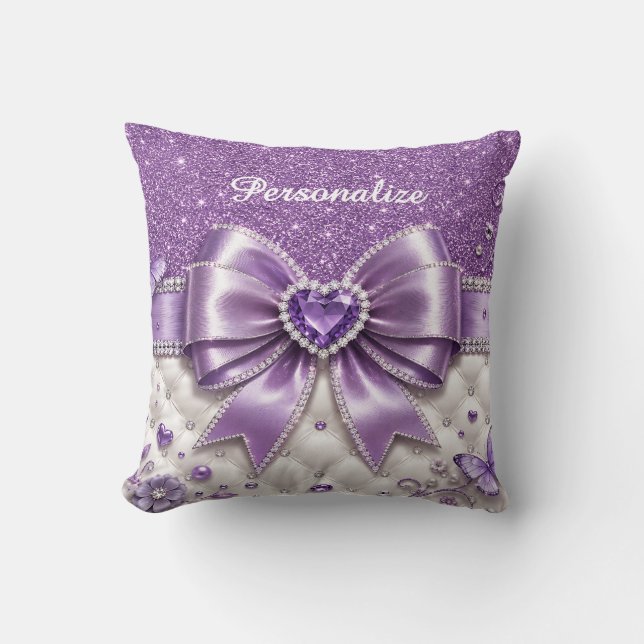 Purple Glam Bow Heart Personalised Design Cushion (Front)