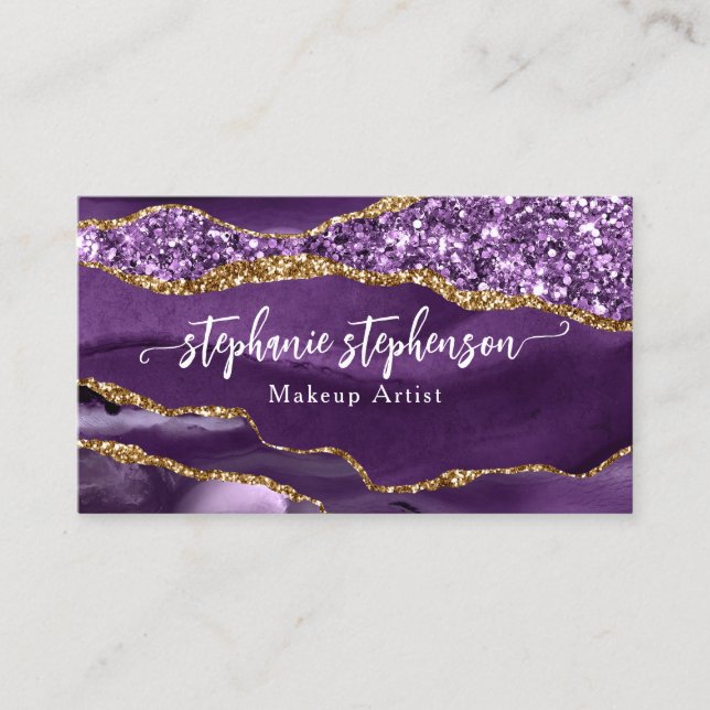 Purple Glam Glitter Agate Fashion Stylist Modern Business Card (Front)