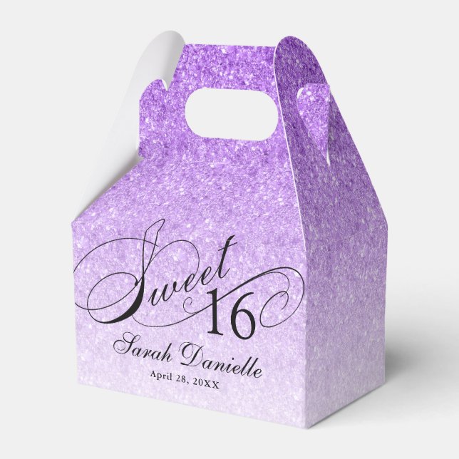Purple Glam Glitter Sweet 16 Custom Party Favour Box (Front Side)